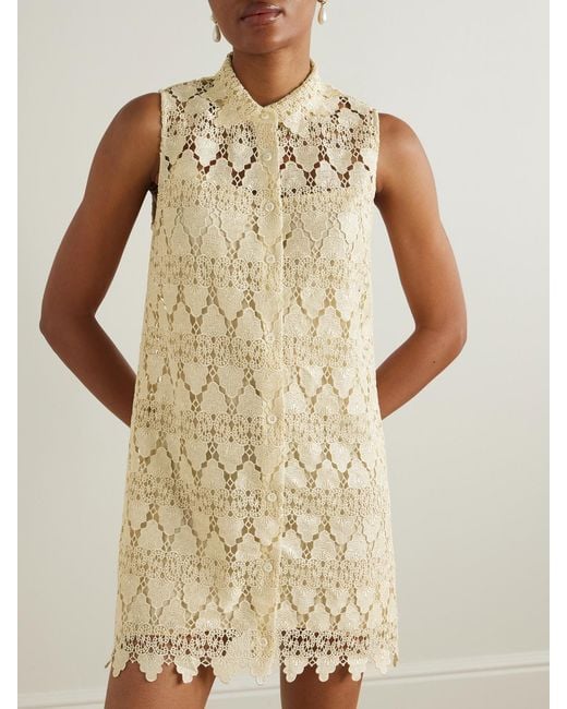 FRAME Natural The Deco Scalloped Guipure Lace Mini Shirt Dress