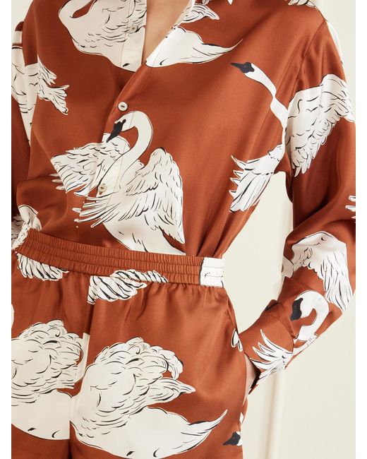 Olivia Von Halle Red Kick Printed Silk-Satin Pajama Set