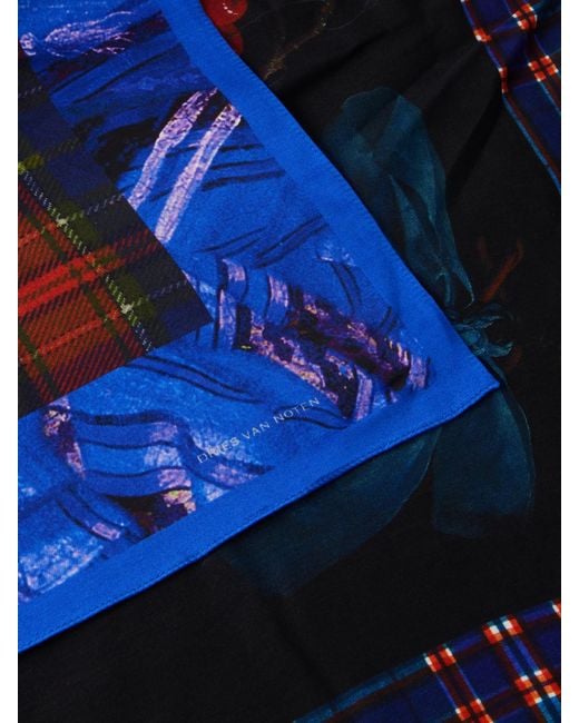 Dries Van Noten Blue Flara Printed Checked Twill Scarf