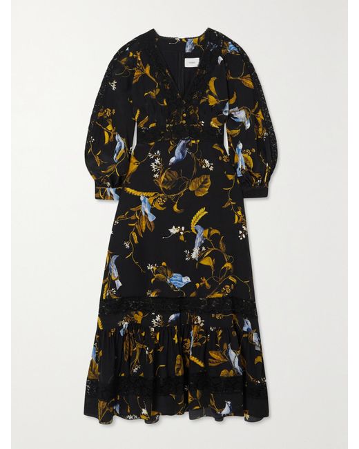 Erdem Black Lace-Trimmed Floral-Print Silk Crepe De Chine Midi Dress