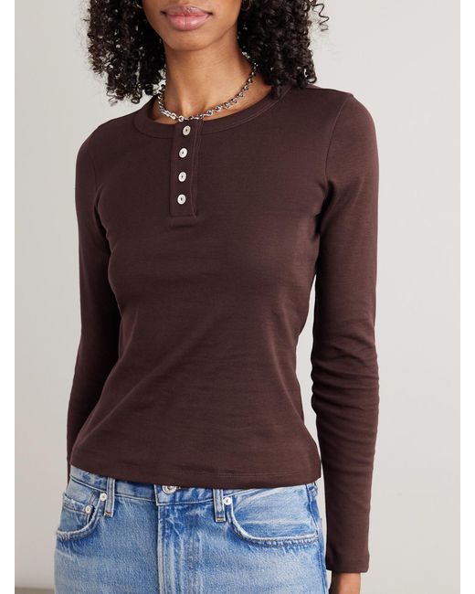 Flore Flore Purple Jess Ribbed Organic Cotton-Jersey Henley Top