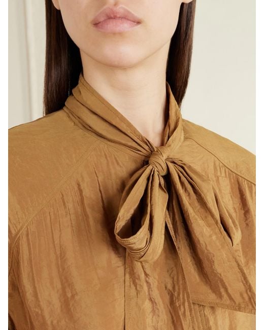 Saint Laurent Brown Pussy-Bow Crinkled Taffeta Shirt