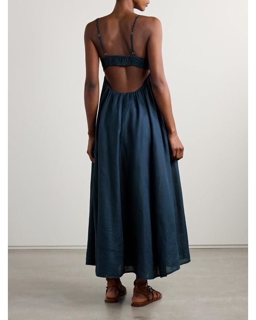 Zimmermann Blue Ascension Bead-Embellished Cutout Pleated Linen Midi Dress