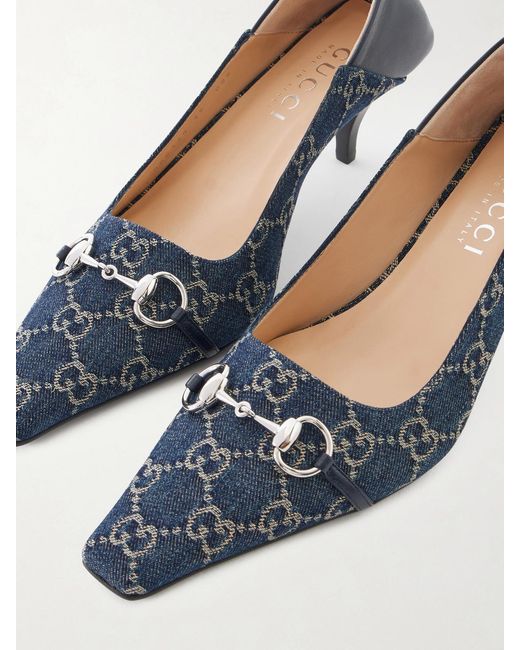 Gucci Blue Vittoria Horsebit-Embellished Canvas-Jacquard Pumps