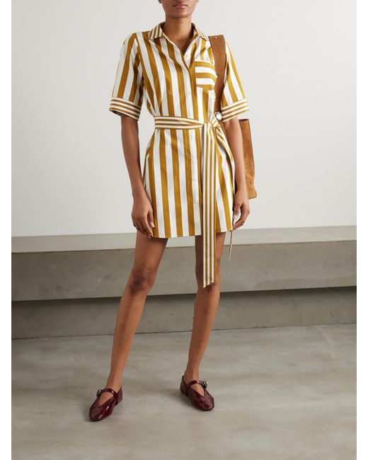 Thierry Colson Metallic Zouka Minikleid Aus Gestreifter Baumwollpopeline Mit Bindegürtel