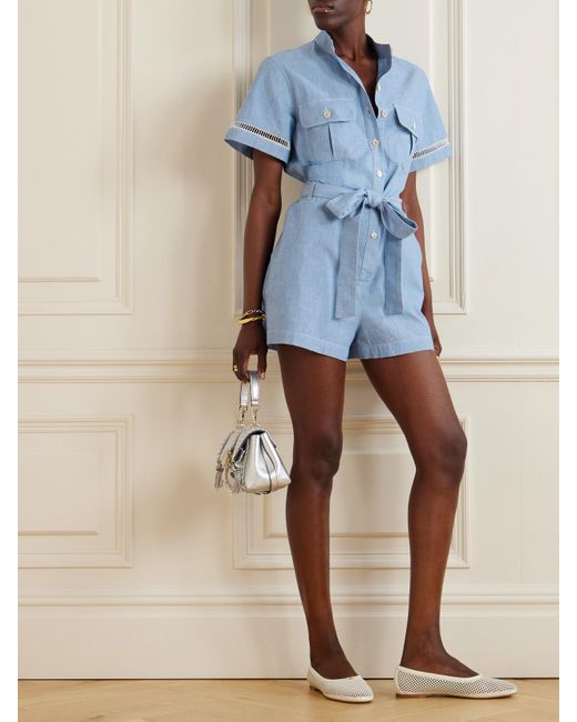 Chloé Blue Belted Crochet-Trimmed Cotton-Chambray Playsuit
