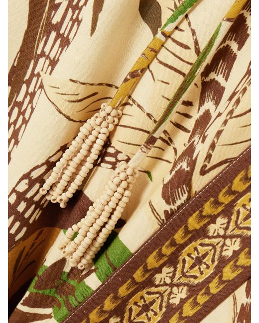 Farm Rio Metallic Tasseled Printed Linen-Blend Wrap Midi Skirt