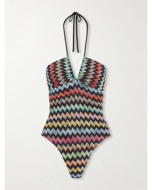 Missoni White Striped Metallic Crochet-Knit Swimsuit