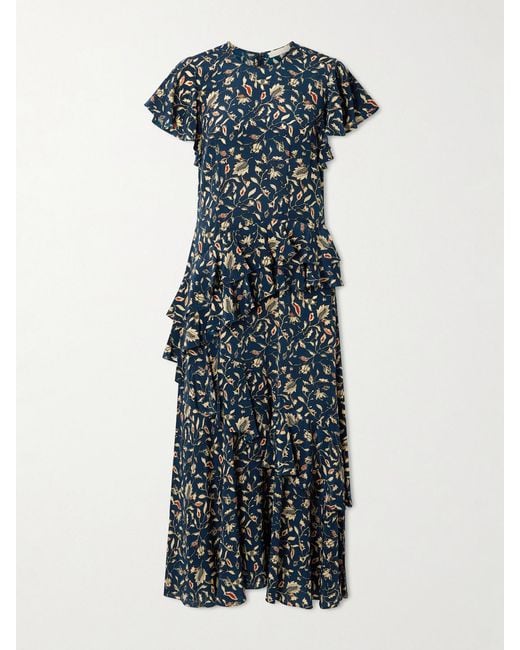 Ulla Johnson Blue Amaia Ruffled Printed Silk Crepe De Chine Midi Dress