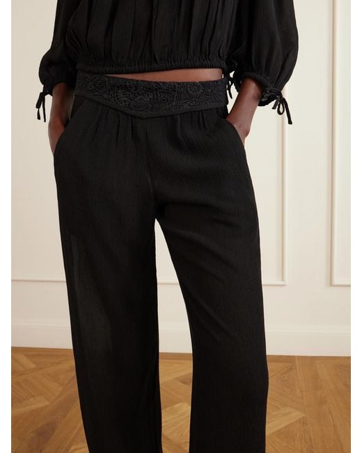 Isabel Marant Black Guylene Lace-Trimmed Silk-Crepe Straight-Leg Pants