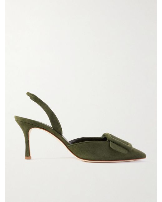 Manolo Blahnik Metallic Maysli 70 Buckled Suede Slingback Pumps