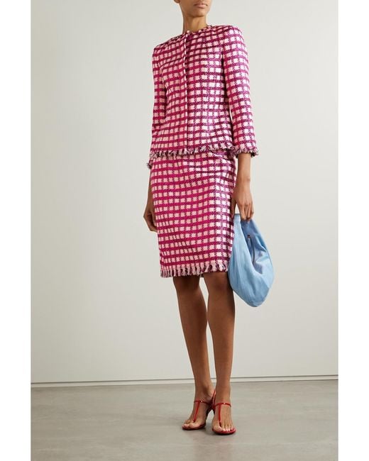 Oscar de la Renta Red Frayed Checked Metallic Wool-Blend Tweed Jacket