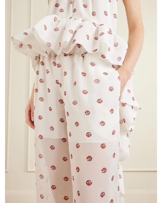 LIBEROWE White Palazzo Floral-Print Wide-Leg Silk Pants
