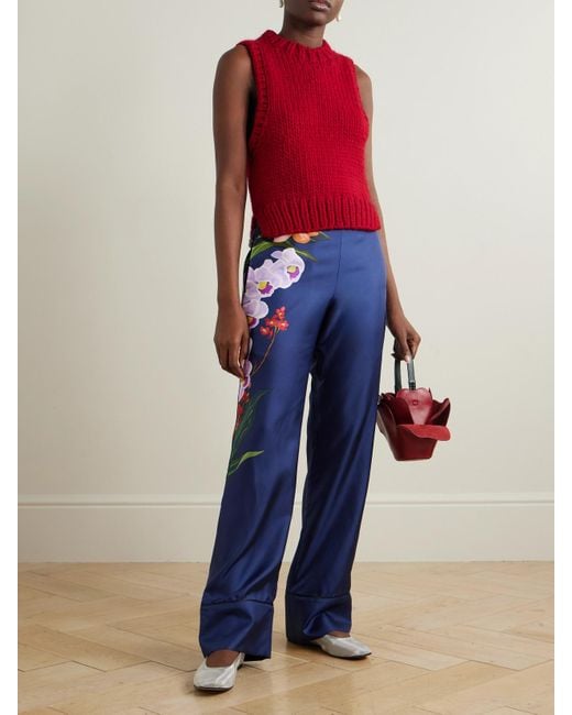 Borgo De Nor Blue Havana Floral-Print Silk-Twill Wide-Leg Pants