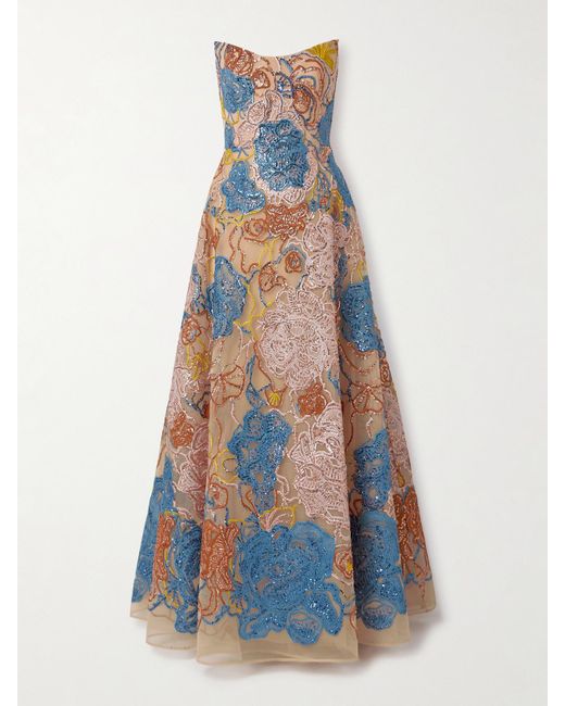 Elie Saab Blue Strapless Belted Sequin-Embellished Embroidered Tulle Gown