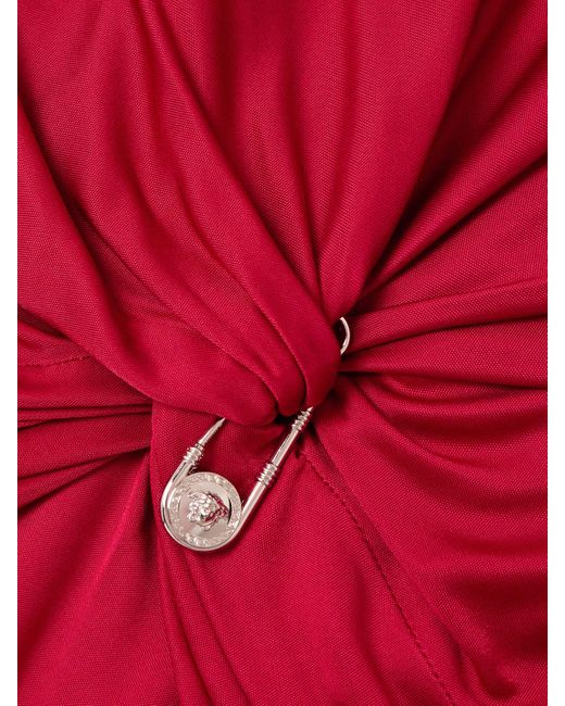 Versace Red Embellished Twist-Front Jersey Midi Dress