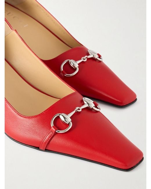 Gucci Red Vittoria Collapsible-Heel Horsebit-Embellished Leather Pumps