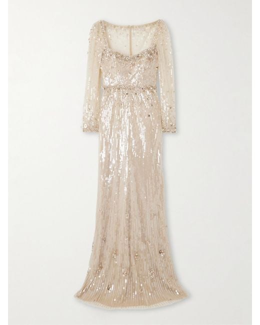 Jenny Packham Natural Kestra Embellished Sequined Tulle Gown