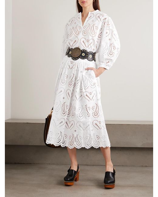 Etro White Pleated Scalloped Broderie Anglaise Cotton-Blend Poplin Midi Skirt