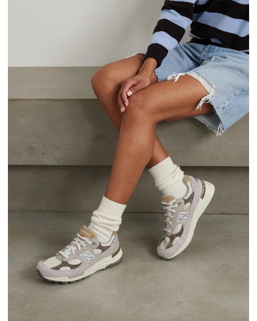 New Balance White 992 Leather, Mesh And Suede Sneakers