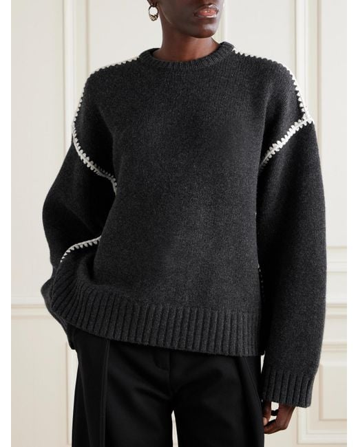 Totême  Black Oversized-Pullover Aus Einer Woll-Kaschmirmischung Mit Stickereien