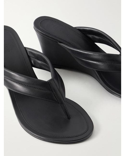 St. Agni Black Leather Wedge Thong Sandals