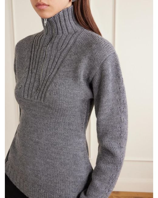 Jil Sander Gray Ribbed-Knit Wool Half-Zip Turtleneck Sweater