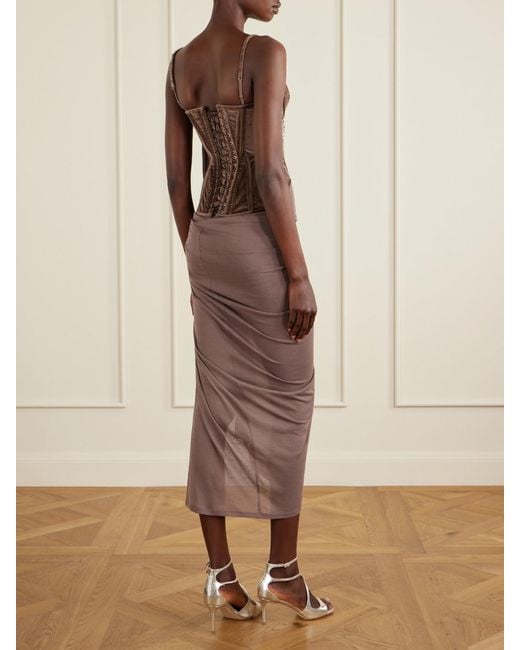 Wiederhoeft Brown Tie-Detailed Embellished Cotton-Blend Velvet Corset Top