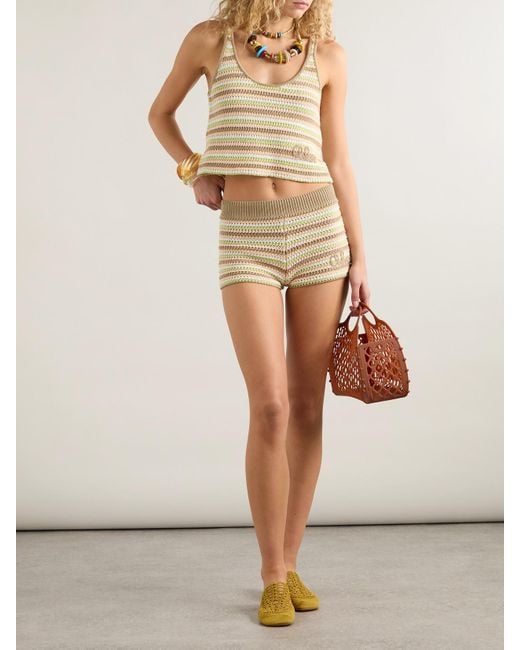 Chloé Natural Shorts Aus Gehäkelter Baumwolle Mit Streifen Und Stickerei