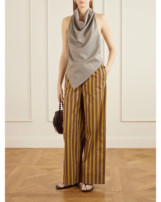 Staud Natural Mateo Striped Stretch Cotton-Gabardine Mid-Rise Wide-Leg Pants