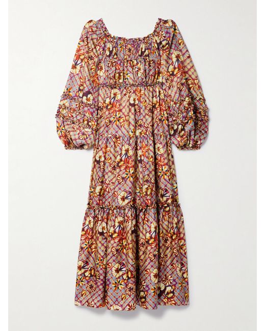 Ulla Johnson Red Anastasia Lace-Up Printed Silk-Habotai Midi Dress