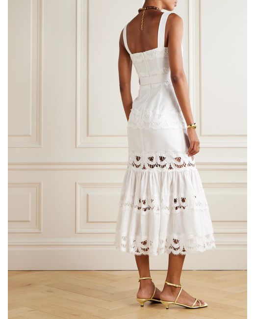 Robe Midi En Lin Et Coton Mélangés Et En Dentelle Guipure À Ceinture Self-Portrait en coloris White