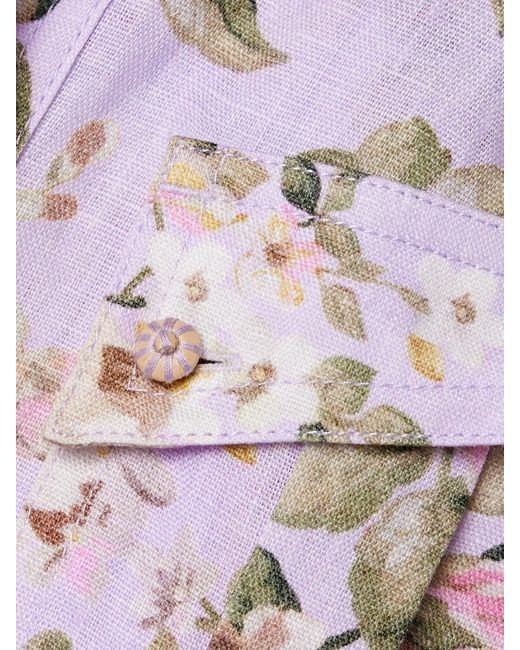 Zimmermann Purple Acacia Playsuit Aus Leinen Mit Blumenprint Und Bindegürtel