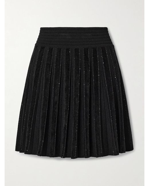 Balmain Black Pleated Sequin-Embellished Velvet And Ribbed-Knit Mini Skirt