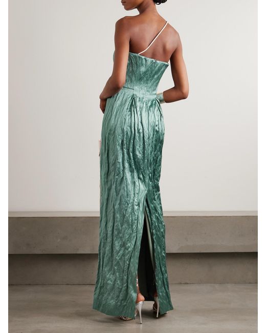 Erdem Green One-Shoulder Bead-Embellished Appliquéd Crinkled-Satin Gown
