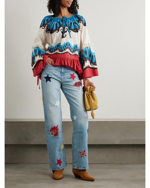 LaDoubleJ Blue Mother Boho Tie-Detailed Printed Cotton Peplum Blouse