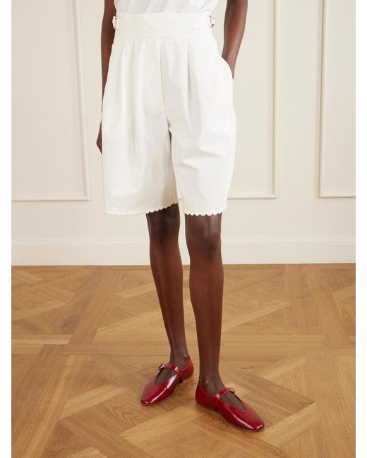 Bode White Closerie Belted Scalloped Embroidered Cotton-Poplin Shorts