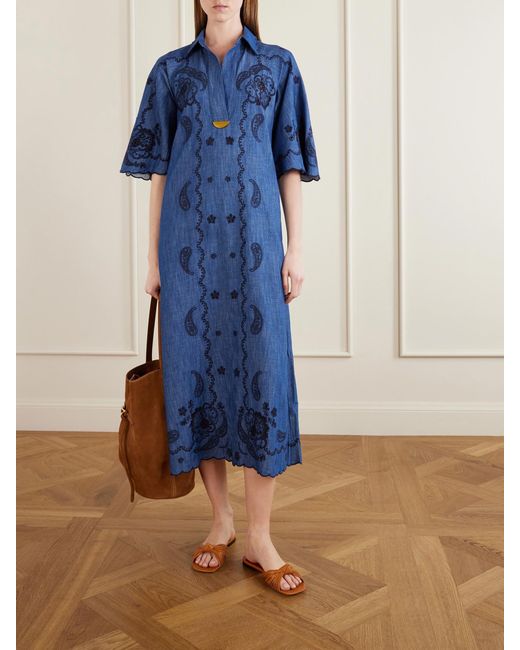 Zimmermann Blue Aster Embroidered Denim Midi Dress