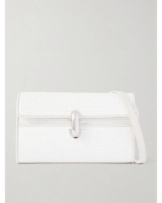 SAVETTE White Symmetry Leather-Trimmed Woven Raffia Shoulder Bag