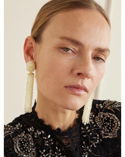 Oscar de la Renta White Tassel Beaded Clip Earrings