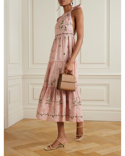 Agua Bendita Pink Consuelo Wisteria Tiered Embroidered Floral-Print Linen Halterneck Midi Dress