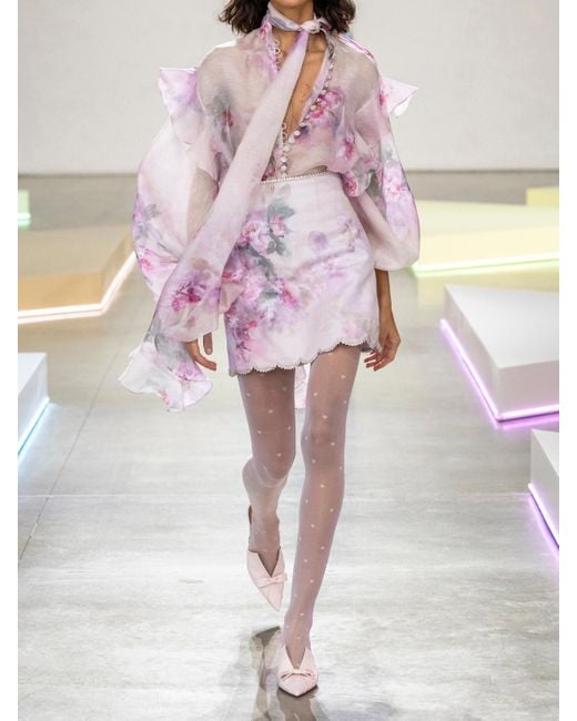 Zimmermann Pink Crush Crystal-Embellished Floral-Print Linen Mini Skirt