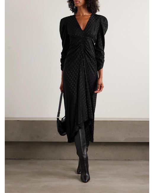 Isabel Marant Black Albini Gathered Polka-Dot Stretch-Silk Jacquard Midi Dress