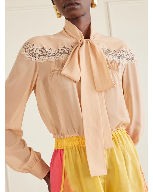 Saint Laurent Natural Cropped Pussy-Bow Lace-Trimmed Silk-Georgette Blouse