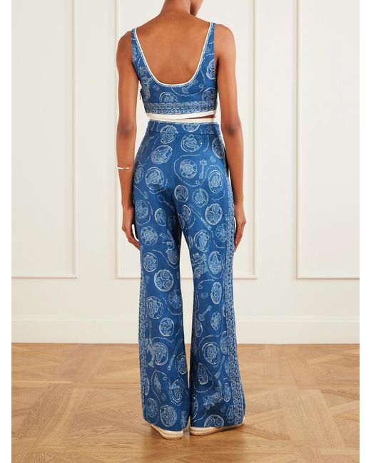 ALÉMAIS Blue Lucky Pleated Printed Linen Wide-Leg Pants