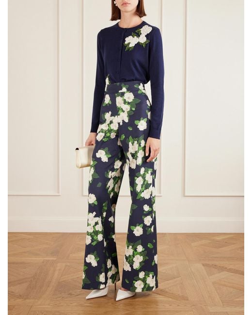 Carolina Herrera Blue Floral-Embellished Silk And Cotton-Blend Cardigan