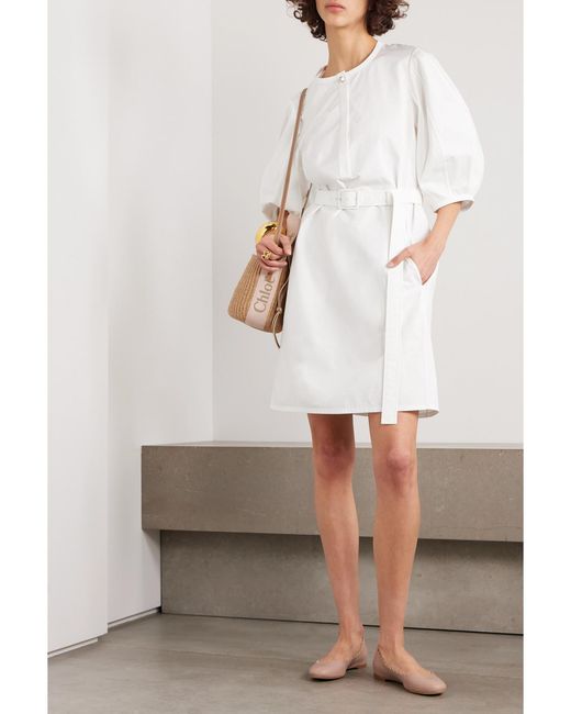 Chloé White Net Sustain Belted Organic Cotton-Poplin Mini Dress