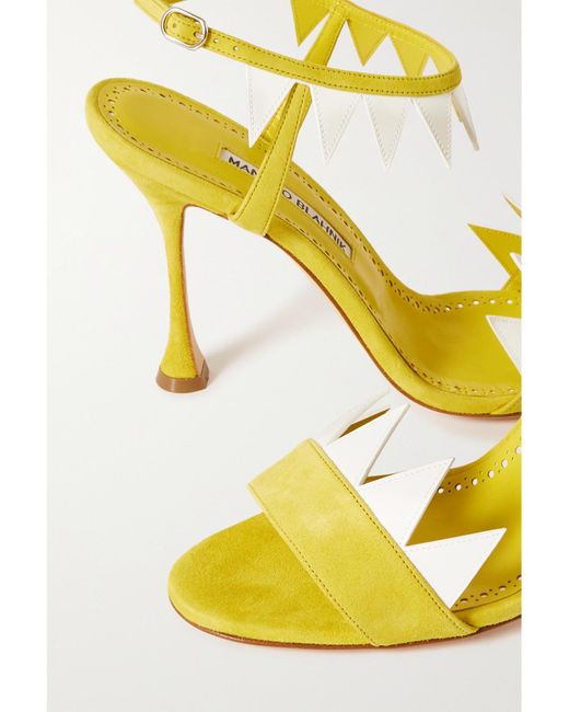 Manolo Blahnik Yellow Artaserse 105 Leather-Trimmed Suede Sandals
