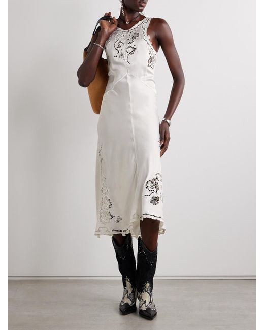 Isabel Marant White Jadel Open-Back Guipure Lace-Trimmed Silk-Blend Satin Midi Dress