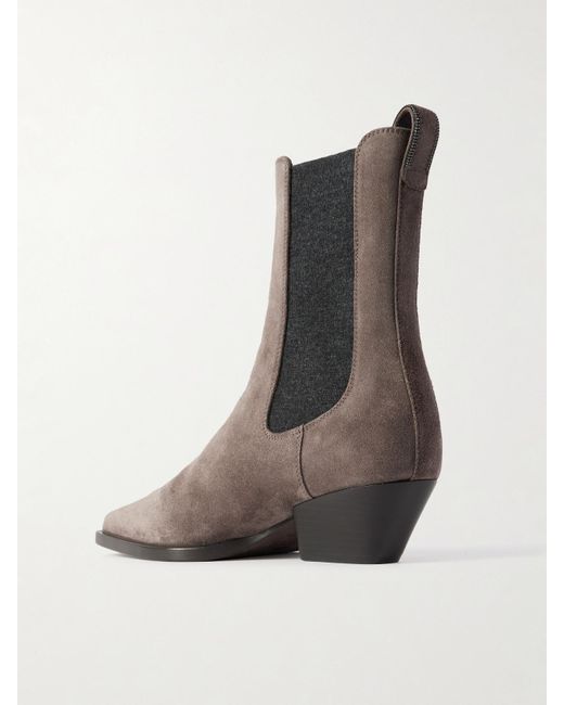 Brunello Cucinelli Black Chelsea Boots Aus Veloursleder Mit Zierperlen